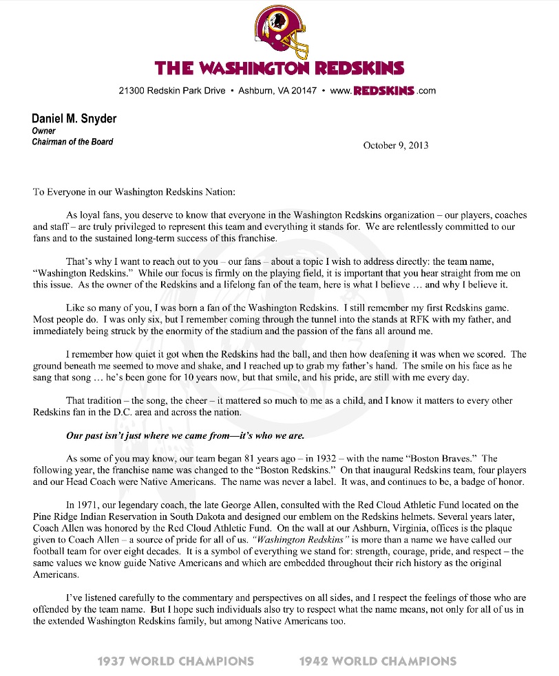 Dan Snyder letter Dan Snyder letter