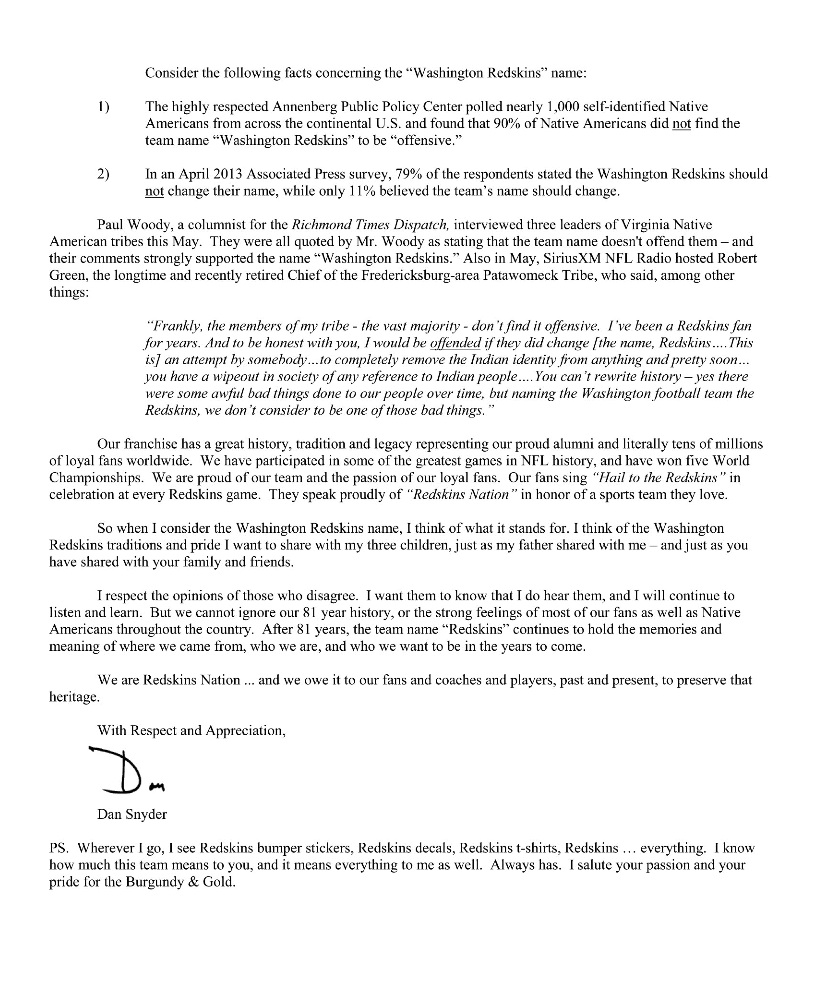Dan Snyder letter Dan Snyder letter