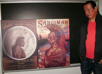 Artist Philip Cote in Toronto with his posters of Odawa Chiefs, Pontiac and Sahg