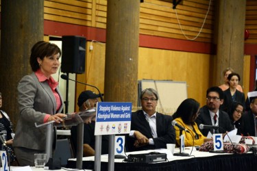 BC Premier Christy Clark addresses chiefs at the First Nations Summit after sign