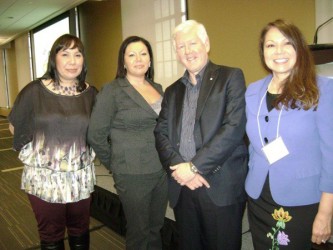 (Left to right) Joni Roy, Melanie Debassige, Bob Rae and Dawn Madahbee at Microf