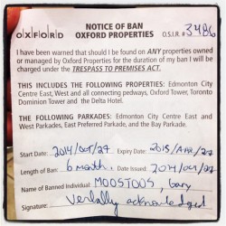 Gary Moostoos ban notice from Oxford Properties