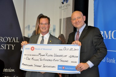 Mount Royal University excepts cheque from BMO