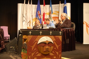Justice Murray Sinclair (right) Marie Wilson (left) and Chief Wilton Littlechild