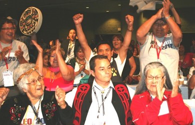 The Shawn Atleo team erupts at the news of his re-election as National Chief