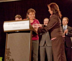 Cheryl Whiskeyjack (left) received a ROOPH award from Homeward Trust Edmonton ex