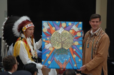 Treaty 6 Grand Chief Tony Alexis and Edmonton Mayor Don Iveson with artist Angel