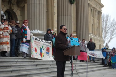Treaty 6 Grand Chief Craig Mackinaw addressed the loud crowd on the steps of the