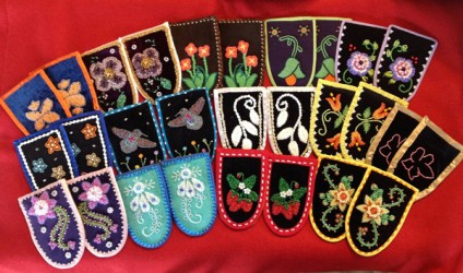 Beaded moccasin vamps contributed by beaders from the Cattaraugus Reservation