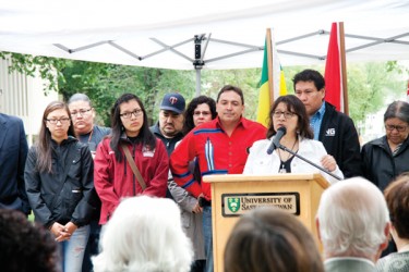 Irene Oakes and family with Federation of Saskatchewan Indian Nations Chief Perr