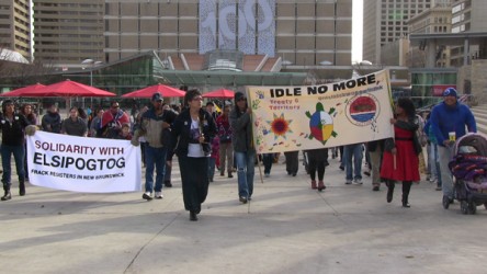 Shannon Houle, from Idle No More, leads the march from Churchill Square
