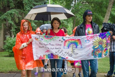 Chevi Rabbit (centre) led the third annual Hate to Hope march and rally on July 