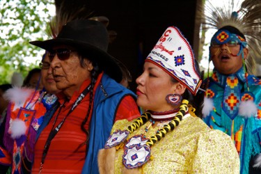 Calgary Stampede Indian Princess Eva Meguinis shares a moment with her grandfath