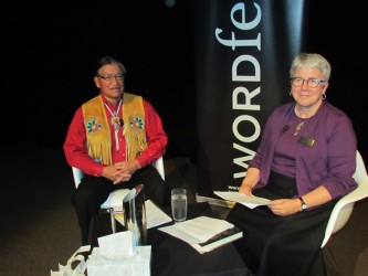 After his reading Edmund Metatawabin talked with Donna Livingstone