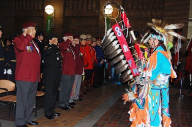 Kevin Buffalo, from the Samson First Nation, carried in the Eagle Staff for this