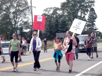 Walking along highway celebrating ratification of agreement