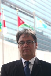Grand Chief Edward John in front of the United Nations building in New York.