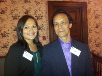 Gitxsan artist Ya’Ya Heit  (right) with lawyer Katherine Koostachin at a recepti